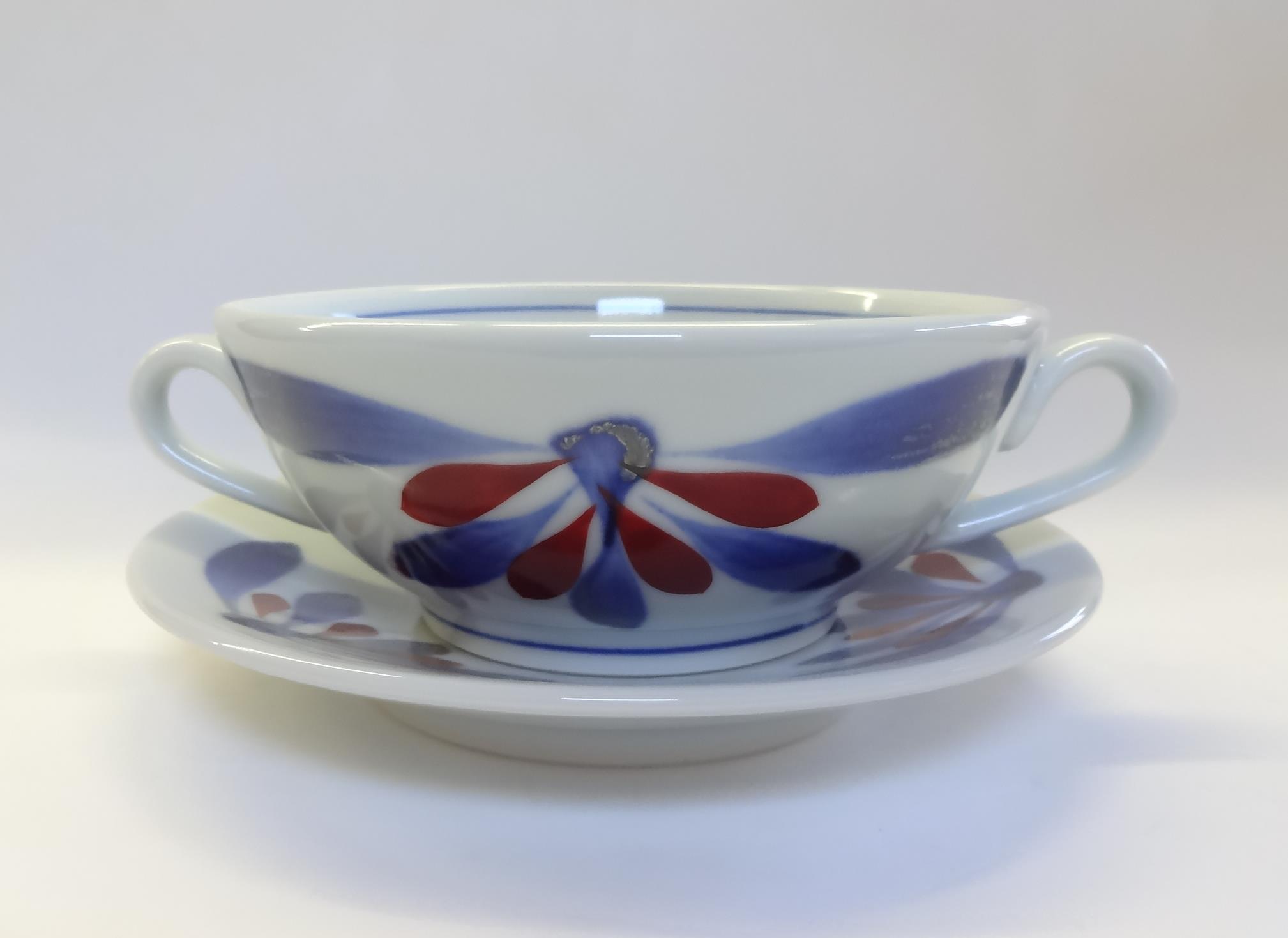 【新品｜6脚セット】梅山窯 砥部焼｜両耳スープカップ 両耳スープカップ碗皿 呉須赤菊 | 砥部焼 梅山窯